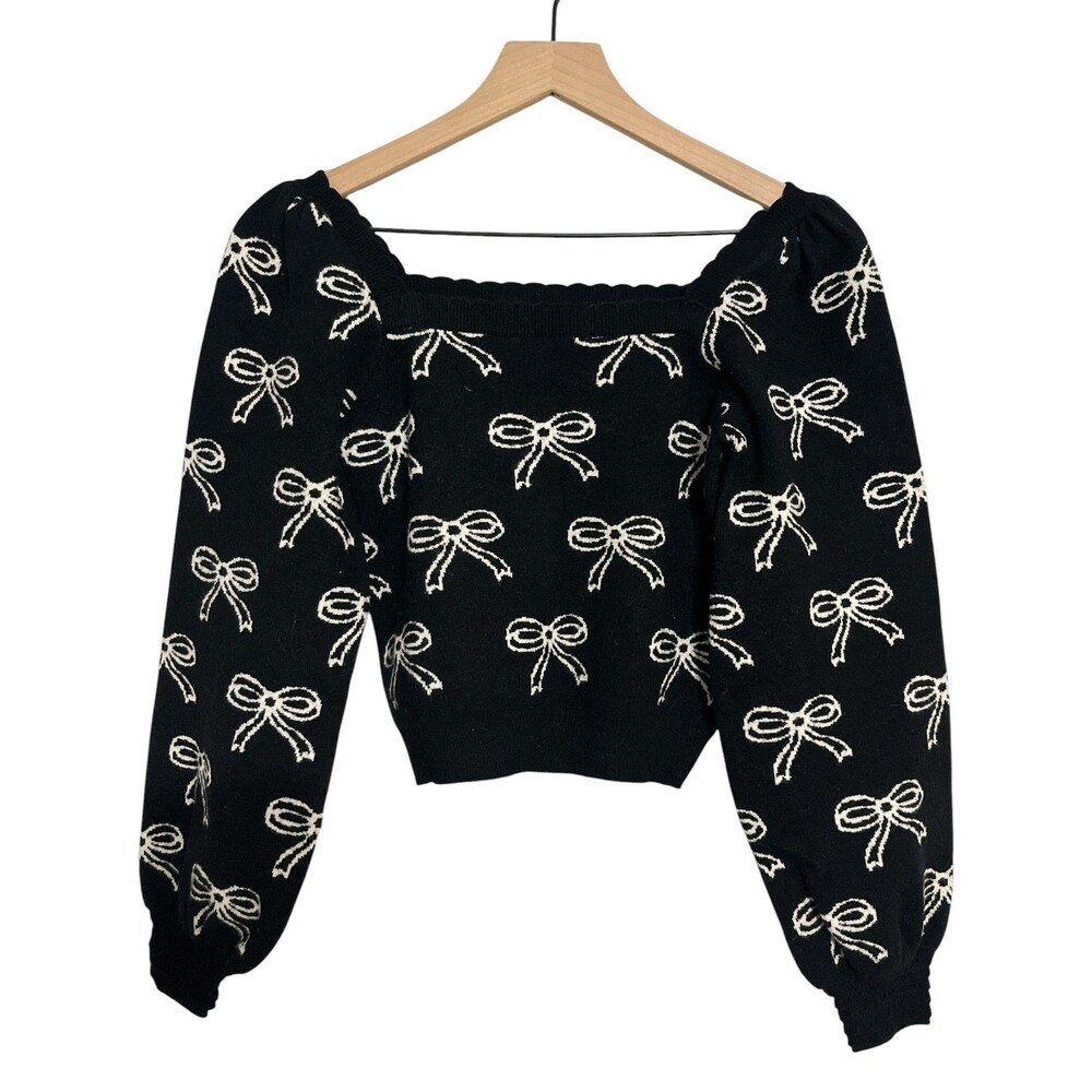 Wind & Willow Black Bow Off the Shoulder Knit Sweater M coquette Date Night Fall